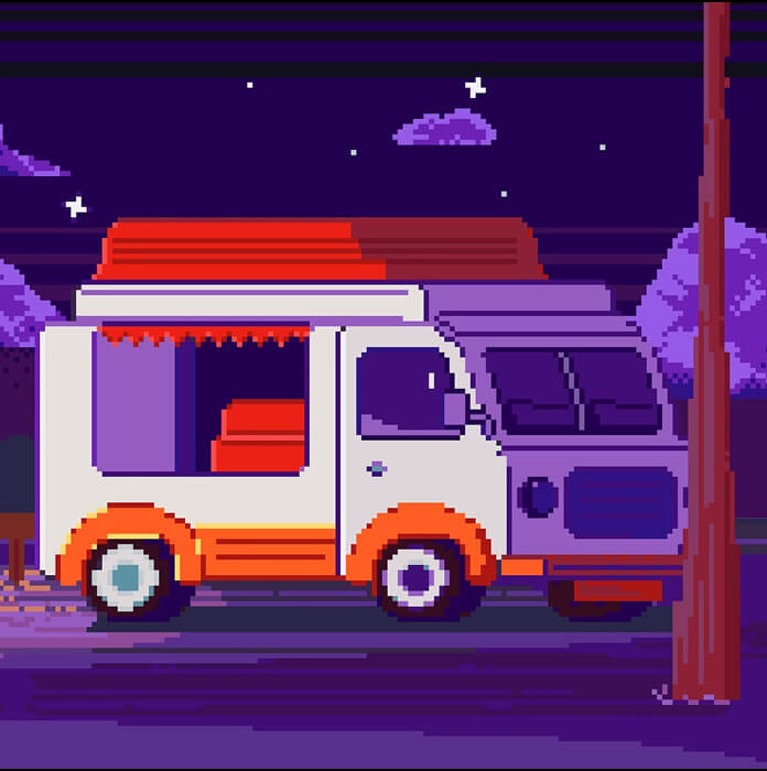 Пиксель-арт изображение фургона, который стоит возле тонкого дерева на фоне ночного неба